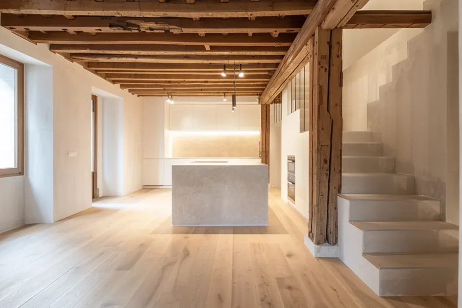 Ristrutturazione di casa storica con elementi moderni e travi in legno a vista